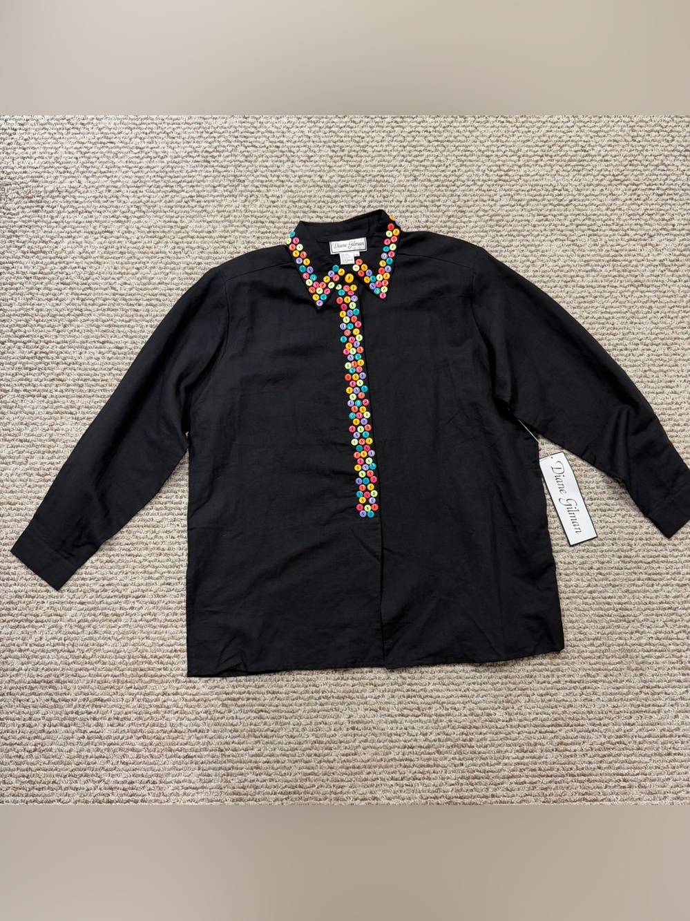 VTG Diane Gilman Black Linen Blend Blouse Top Sz XL Multicolor Button Accent NWT - Picture 7 of 15
